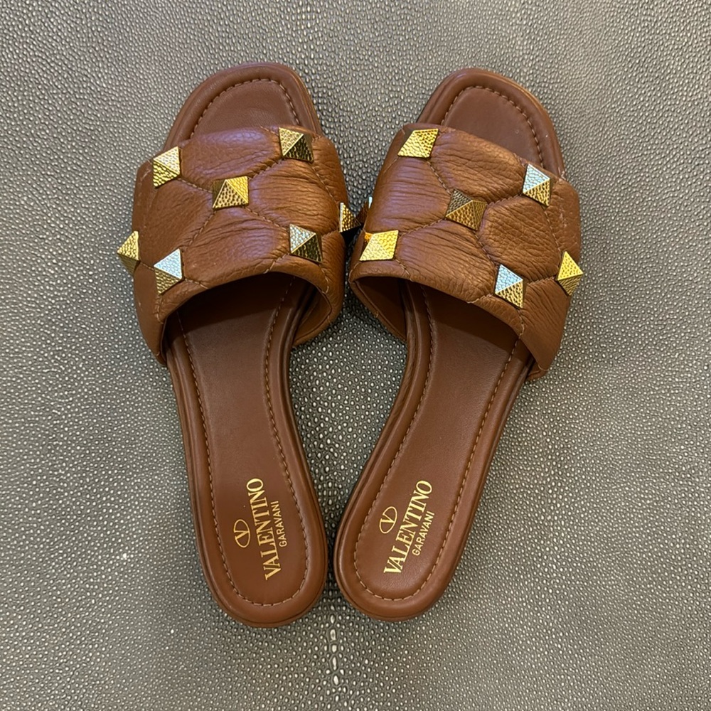 Valentino Garavani Brown Leather Slide Sandals with Gold Studs